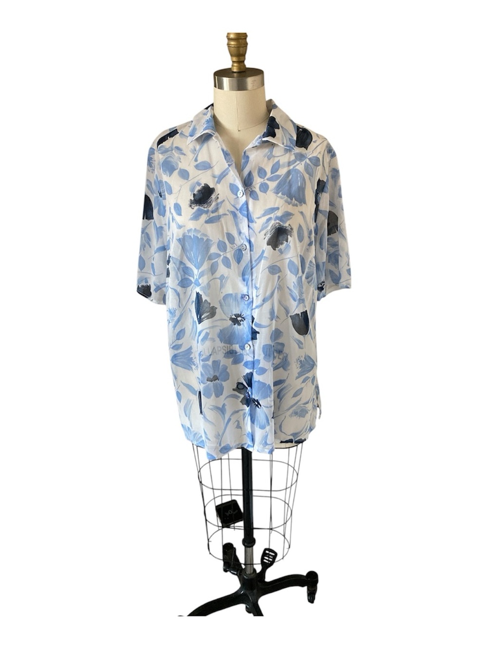 Geiger Women's Blue and White Floral Button-Down Cotton Shirt EU 46 US 14-16